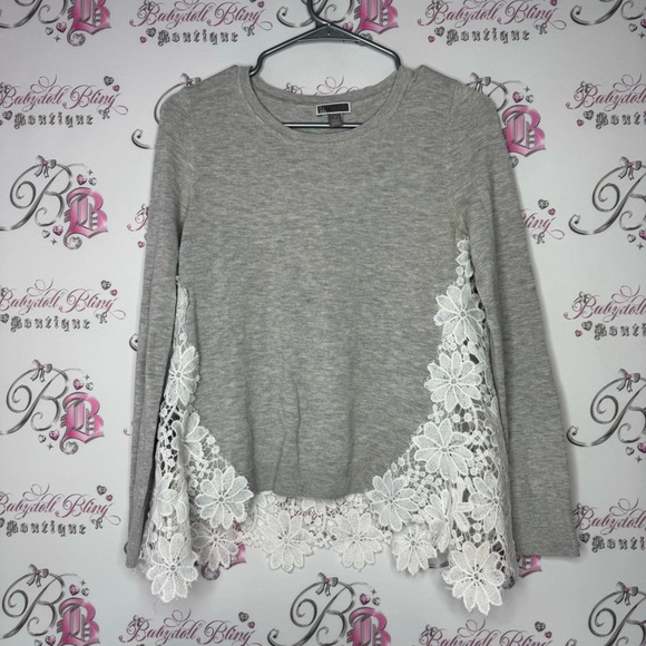 Chelsea 28 top cashmere lace floral white detail grey soft long sleeve sweater - Picture 3 of 13